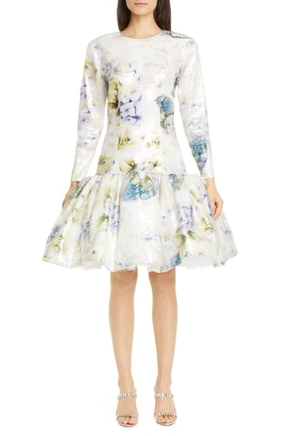 Shop Rodarte Floral Sequin Drop Waist Long Sleeve Dress In Watercolor Hydrangea