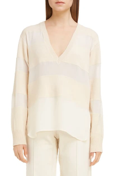 Shop Chloé Stripe Wool, Silk & Cashmere Sweater In Macadamia Brown