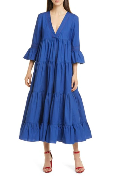 Shop La Doublej Jennifer Jane Tiered Ruffle Cotton Maxi Dress In Tinta Unita Blu