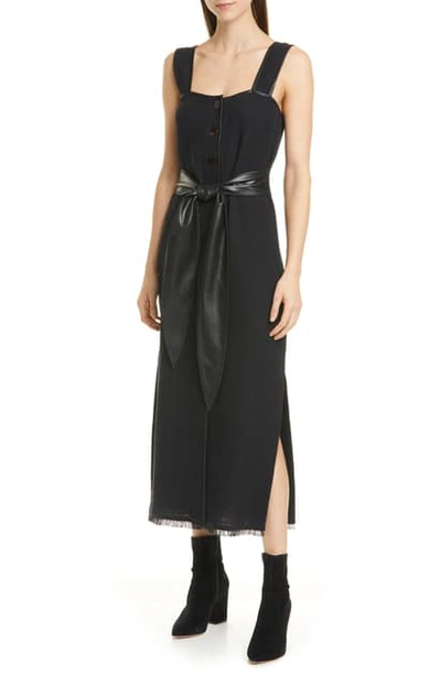 Shop Nanushka Rita Vegan Leather Trim Cotton & Linen Blend Midi Dress In Black