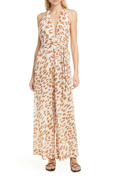 Shop Nanushka Alayna Ocelot Print Organic Cotton Halter Jumpsuit