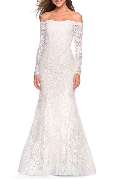 Shop La Femme Off The Shoulder Long Sleeve Lace Gown In White