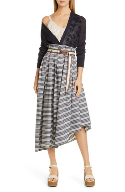 Shop Brunello Cucinelli Asymmetrical Stripe Poplin Midi Skirt In Black White