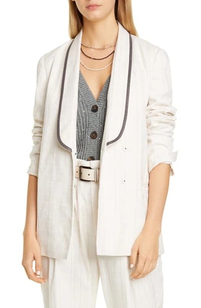 Shop Brunello Cucinelli Beaded Lapel Belted Blazer In Oat