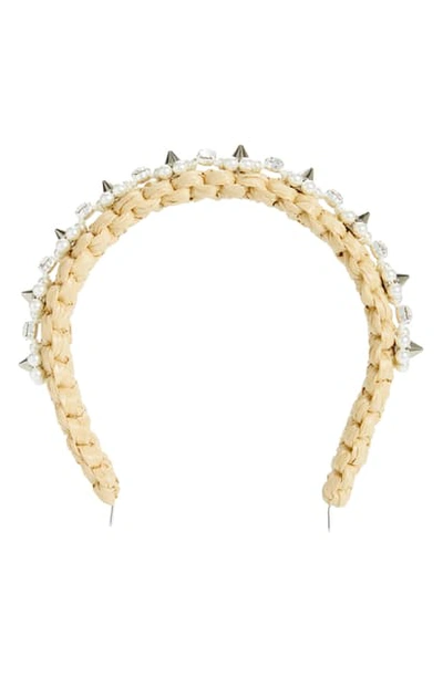 Shop Simone Rocha Embellished Woven Raffia Headband In Tan/ Pearl/ Clear