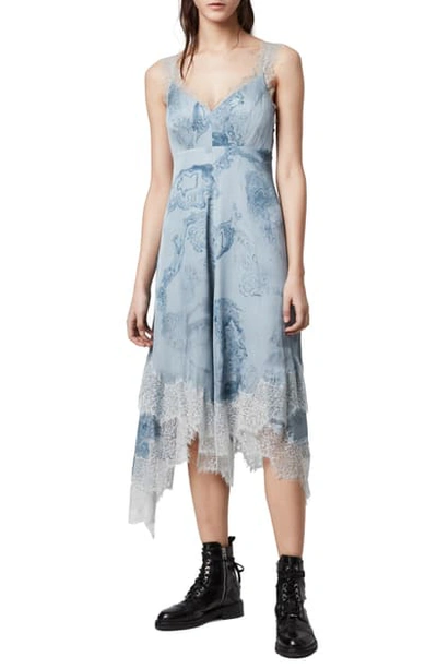 Shop Allsaints Skylar Hatsukoi Print Lace Trim Midi Dress In Powder Blue
