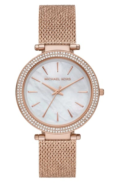 Shop Michael Michael Kors Michael Kors 'darci' Crystal Bezel Mesh Strap Watch, 39mm In White Mop/ Rose Gold