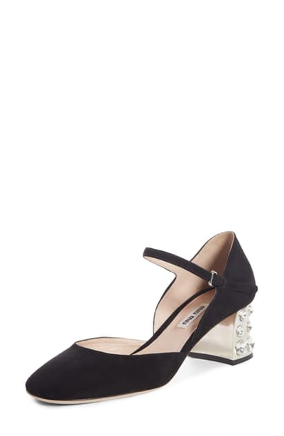 Shop Miu Miu Embellished Block Heel Mary Jane Pump In Black