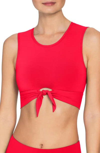 Shop Robin Piccone Ava Longline Knot Front Bikini Top In Fiery Red