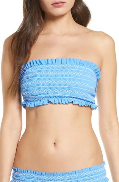 Shop Tory Burch Costa Smocked Bandeau Bikini Top In Blue Dusk / White