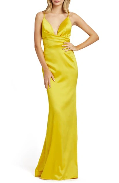 Shop Mac Duggal Faux Wrap Trumpet Gown In Canary