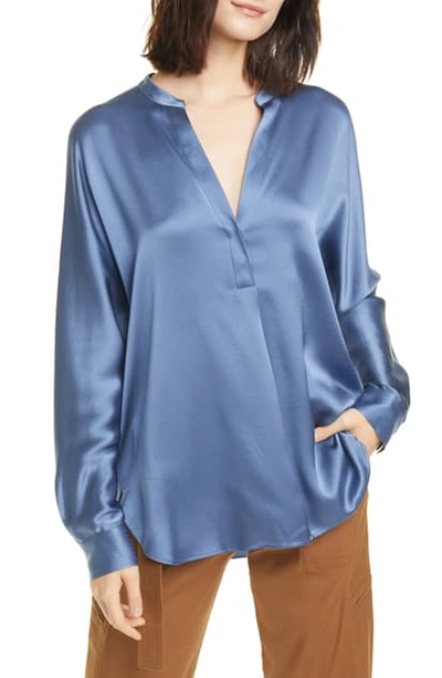 Shop Vince Band Collar Long Sleeve Silk Blouse In Orion