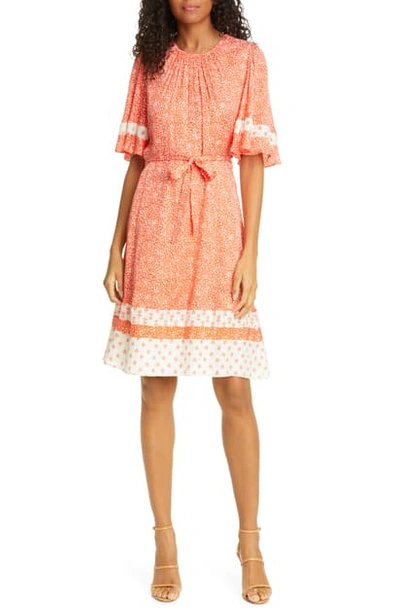 Shop Rebecca Taylor Floral Jacquard Silk Blend Dress In Tomato Combo