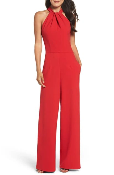 Shop Julia Jordan Knot Neck Sleeveless Crepe Jumpsuit In Red