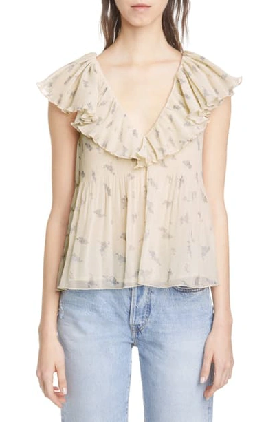 Shop Ganni Floral Pleated Georgette Blouse In Egret 135