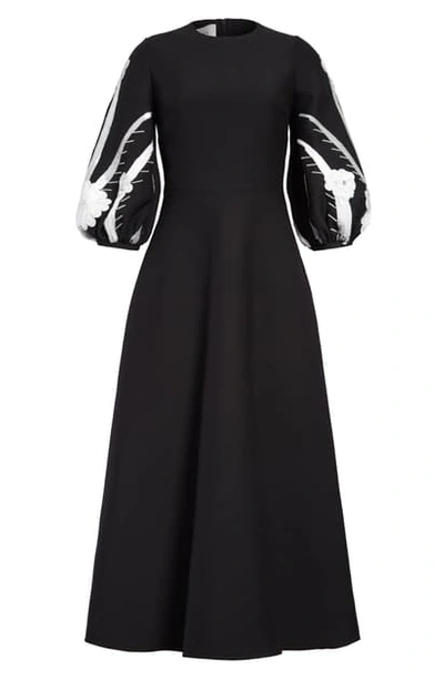 Shop Valentino Floral Sequin Balloon Sleeve Wool & Silk Maxi Dress In Nero/ Avorio