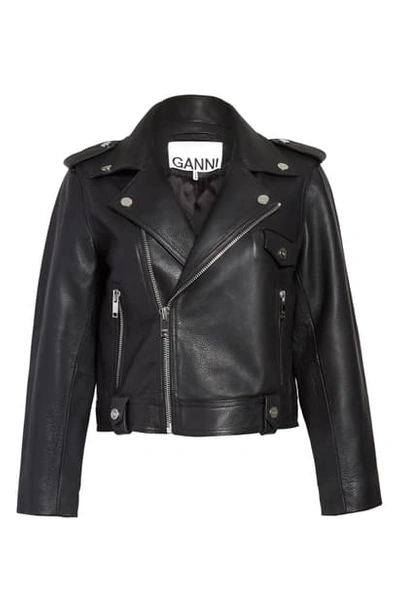 Shop Ganni Leather Crop Moto Jacket In Black