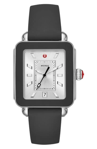 Shop Michele Deco Sport Watch Head & Silicone Strap Watch, 34mm X 36mm In Black/ Silver/ Silver