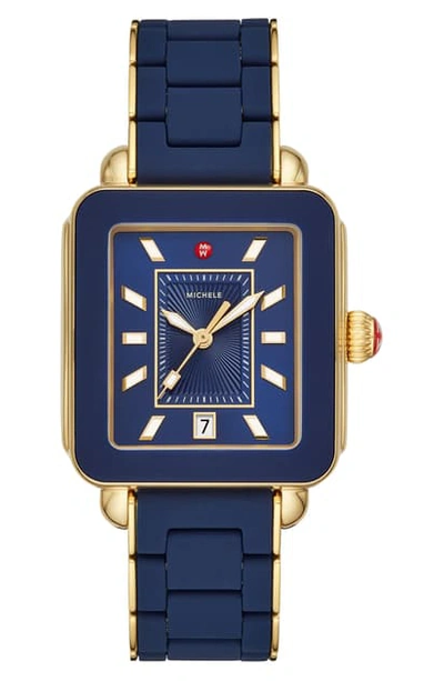 Shop Michele Deco Sport Watch Head & Bracelet, 34mm X 36mm In Blue/ Sunray/ Gold