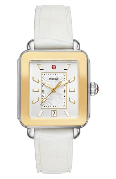 Shop Michele Deco Sport Watch Head & Silicone Strap Watch, 34mm X 36mm In White/ Silver Sunray/ Gold