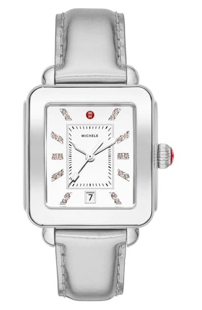 Shop Michele Deco Diamond Sport Watch Head & Leather Strap Watch, 34mm X 36mm In Silver