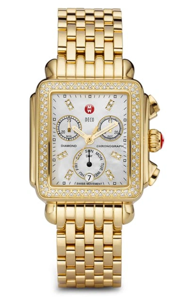 Shop Michele Deco Diamond Chronograph Watch Head & Bracelet, 33mm In Gold/ Mop
