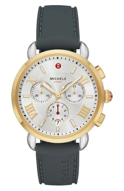 Shop Michele Sport Sail Chronograph Watch Head With Silicone Strap, 38mm In Grey/silver Wht Sunray/gld