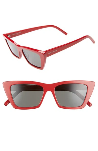 Shop Saint Laurent 53mm Cat Eye Sunglasses In Shiny Red/ Grey Solid