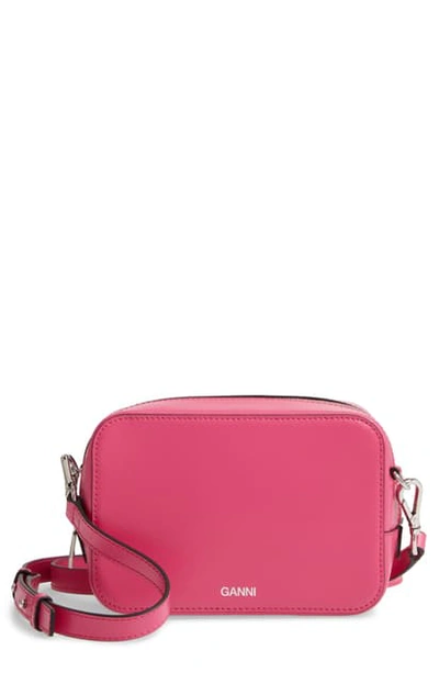Shop Ganni Textured Leather Camera Crossbody Bag In Shocking Pink