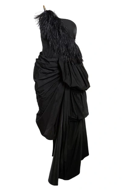 Shop Dries Van Noten Ditomi Feather Trim Asymmetrical One-shoulder Taffeta Dress In Black