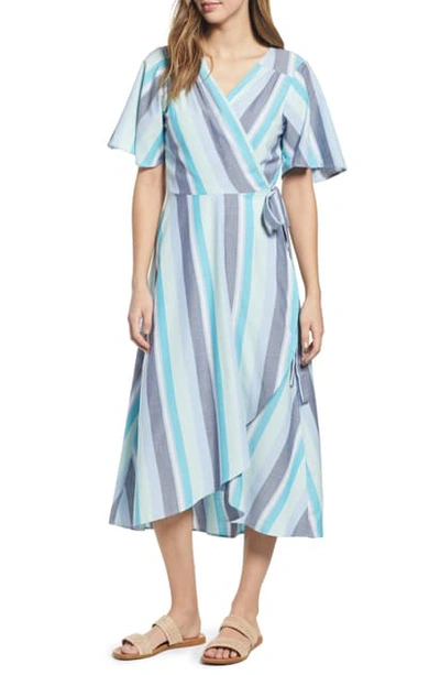 Shop Bobeau Orna Stripe Cotton Blend Wrap Dress In Blue Lilac Stripe