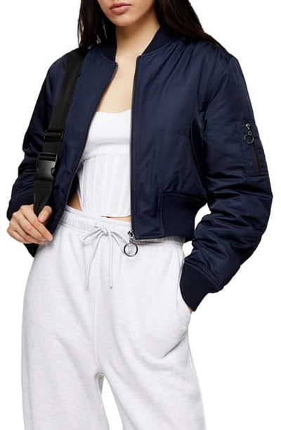 Topshop Crop Bomber Jacket In Navy Blue | ModeSens