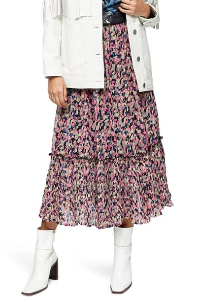 Shop Topshop Smudge Frill Pleat Hem Midi Skirt In Pink Multi