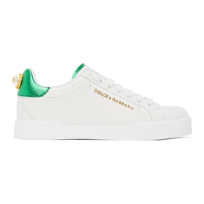 Shop Dolce & Gabbana Dolce And Gabbana White And Green Lettering Portofino Sneakers In 8b918 Green