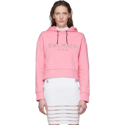 Balmain Mirrored Logo Cropped Hoodie In Oat Sil/pin
