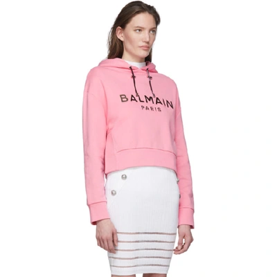 Balmain Mirrored Logo Cropped Hoodie In Oat Sil/pin