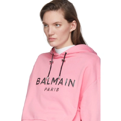 Shop Balmain Pink Mirrored Logo Hoodie In Oat Sil/pin