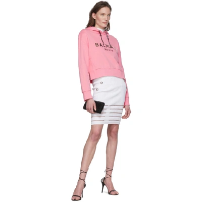 Balmain Mirrored Logo Cropped Hoodie In Oat Sil/pin