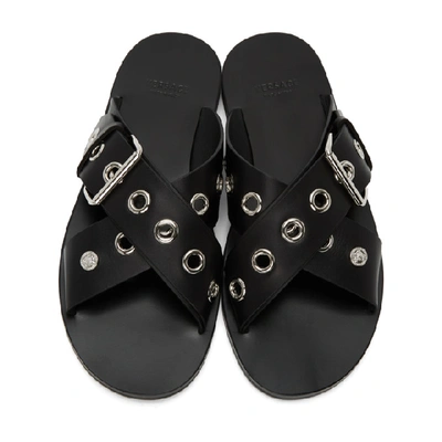 Shop Versace Black Palladium Buckle Sandals In D41p Black