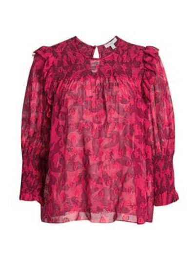 Shop Joie Jamila Eventide Floral Textured Blouse In Hibiscus