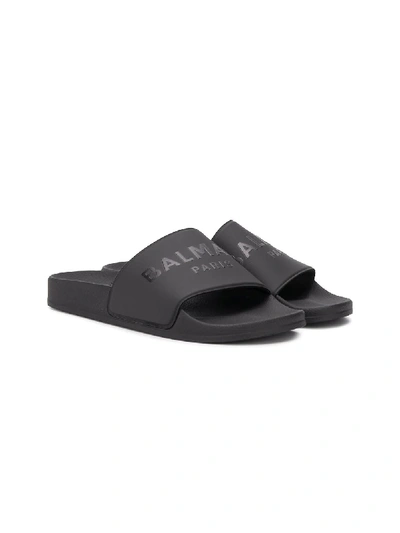 Shop Balmain Teen Flat Logo Slides In Black