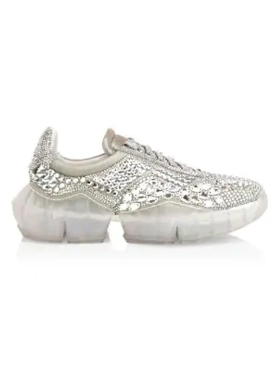 Shop Jimmy Choo Diamond F Embellished Suede Sneakers In Crystal