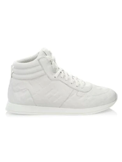 Shop Fendi Logo Metallic Leather High-top Sneakers In White
