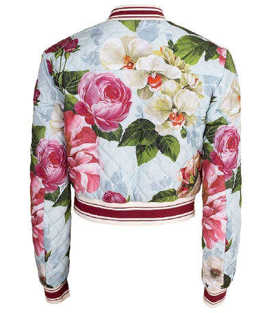 Shop Dolce & Gabbana Blue Floral Print Quilted Bomber Jacket