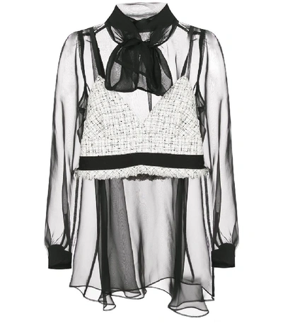 Shop Sacai Sheer Blouse With Tweed Bra In Black/white