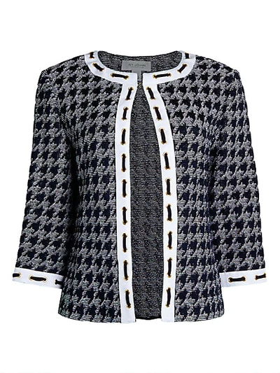 Shop St John Houndstooth Wool & Silk-blend Knit Jacket In Navy
