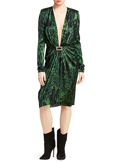 Shop Alexandre Vauthier Stretch Satin V-neck Lynx Print Sheath Dress In Moss