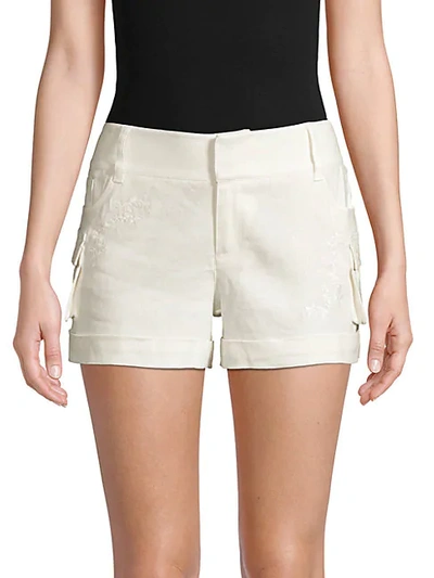 Shop Alice And Olivia Embroidered Linen-blend Cargo Shorts In Off White