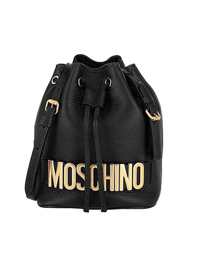 Shop Moschino Women's Logo Pebbled Leather Bucket Bag In Black