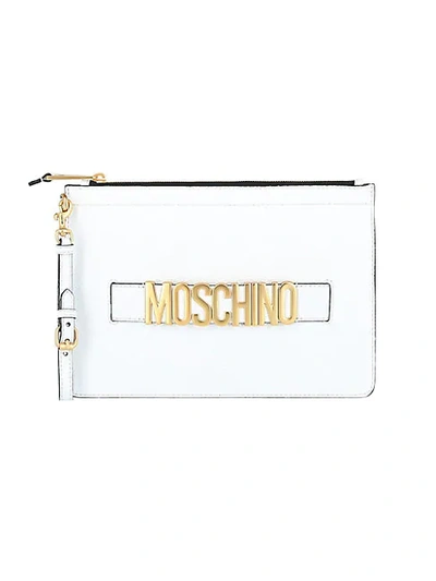 Shop Moschino Logo Leather Wristlet Pouch In White